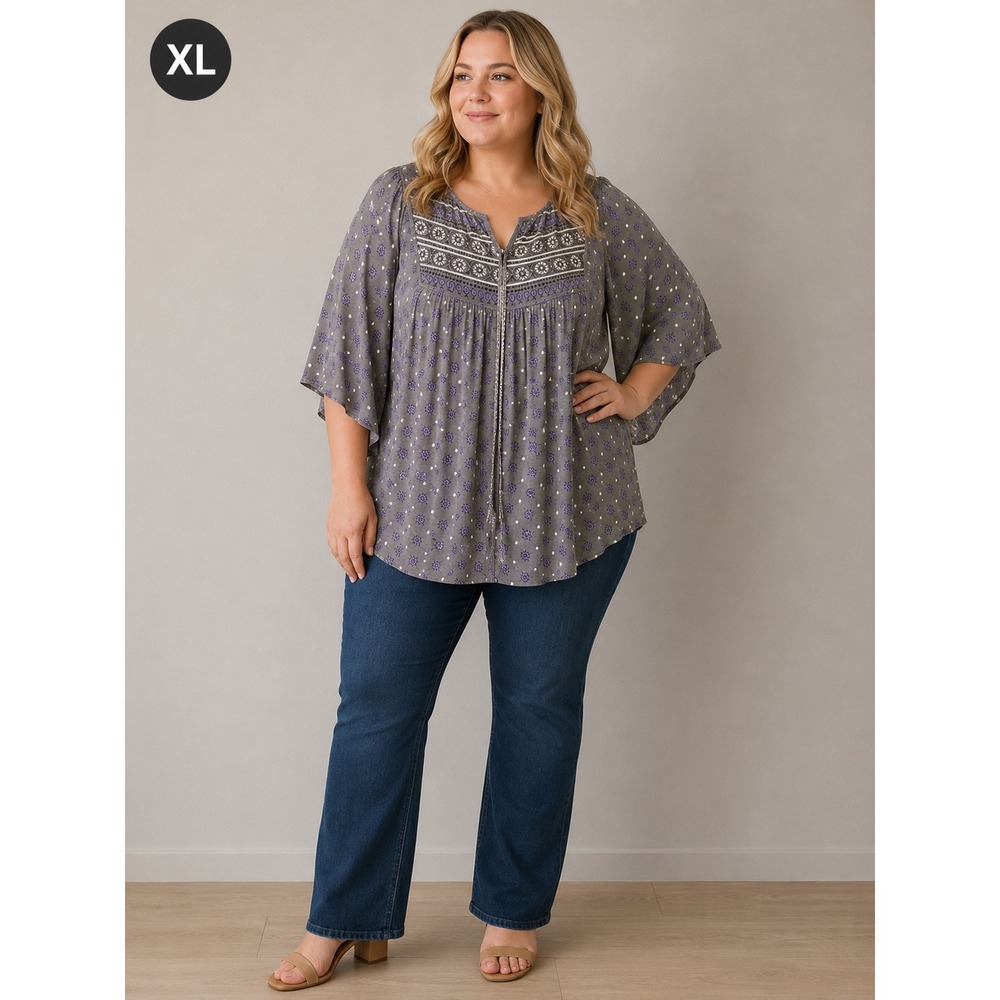 World Market Blouse Women L/XL Grey Purple Boho Floral Bell Sleeve Split Neck